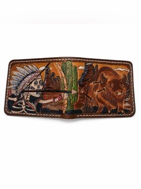 Hand-Tooled Leather Bifold Wallet with Buffalo & Chief Skull Archer Design Brown